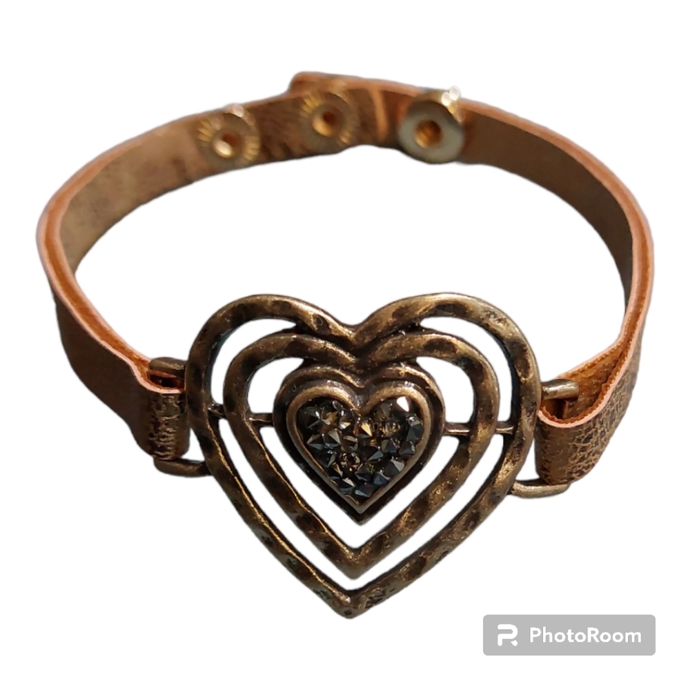 Triple Heart Bronze Bracelet with Snap Closure